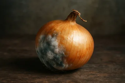 Single Moldy Yellow Onion on Dark Wooden Surface