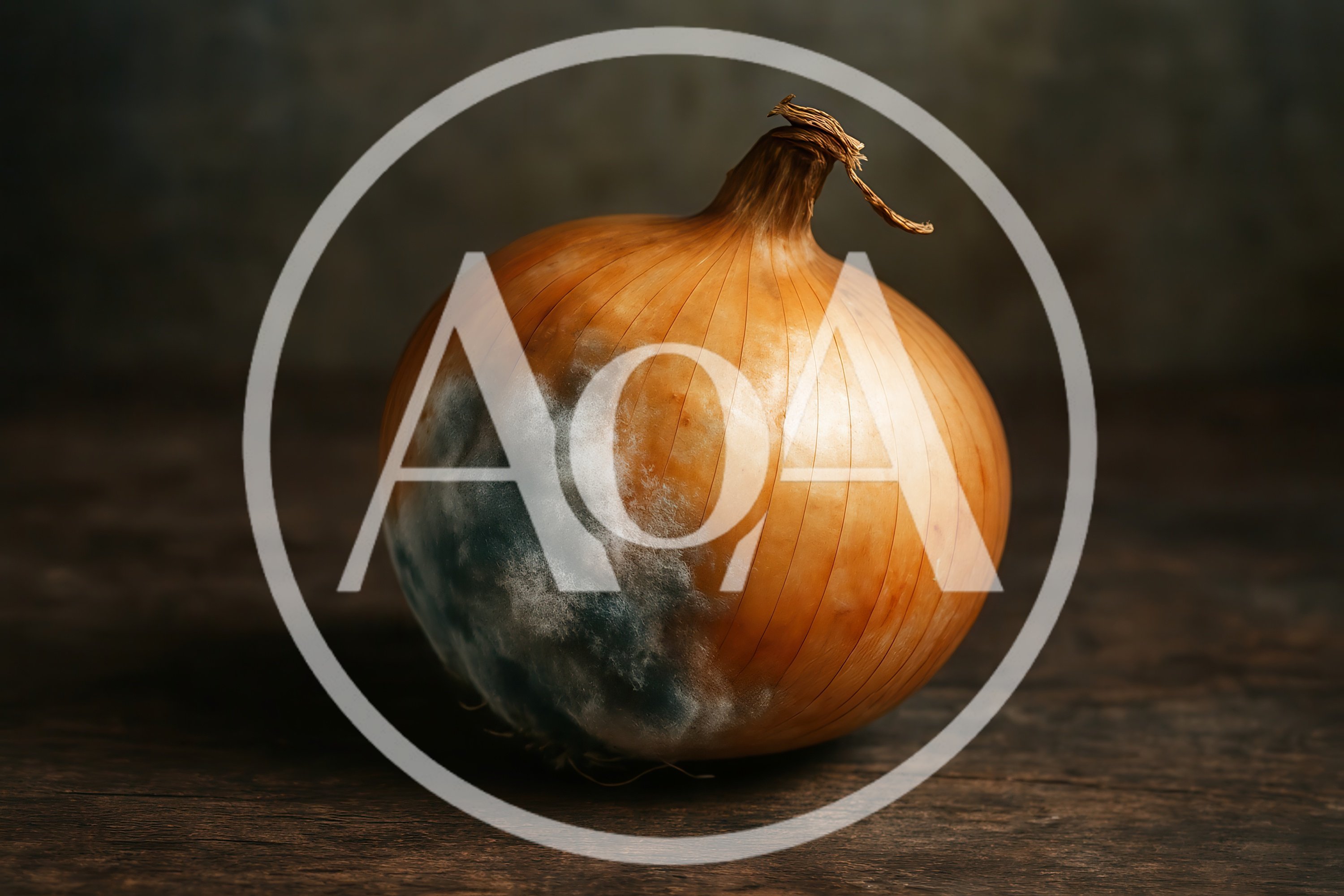 Single Moldy Yellow Onion on Dark Wooden Surface