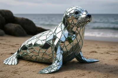 Mirrored Mosaic Seal Sculpture On Sandy Beach