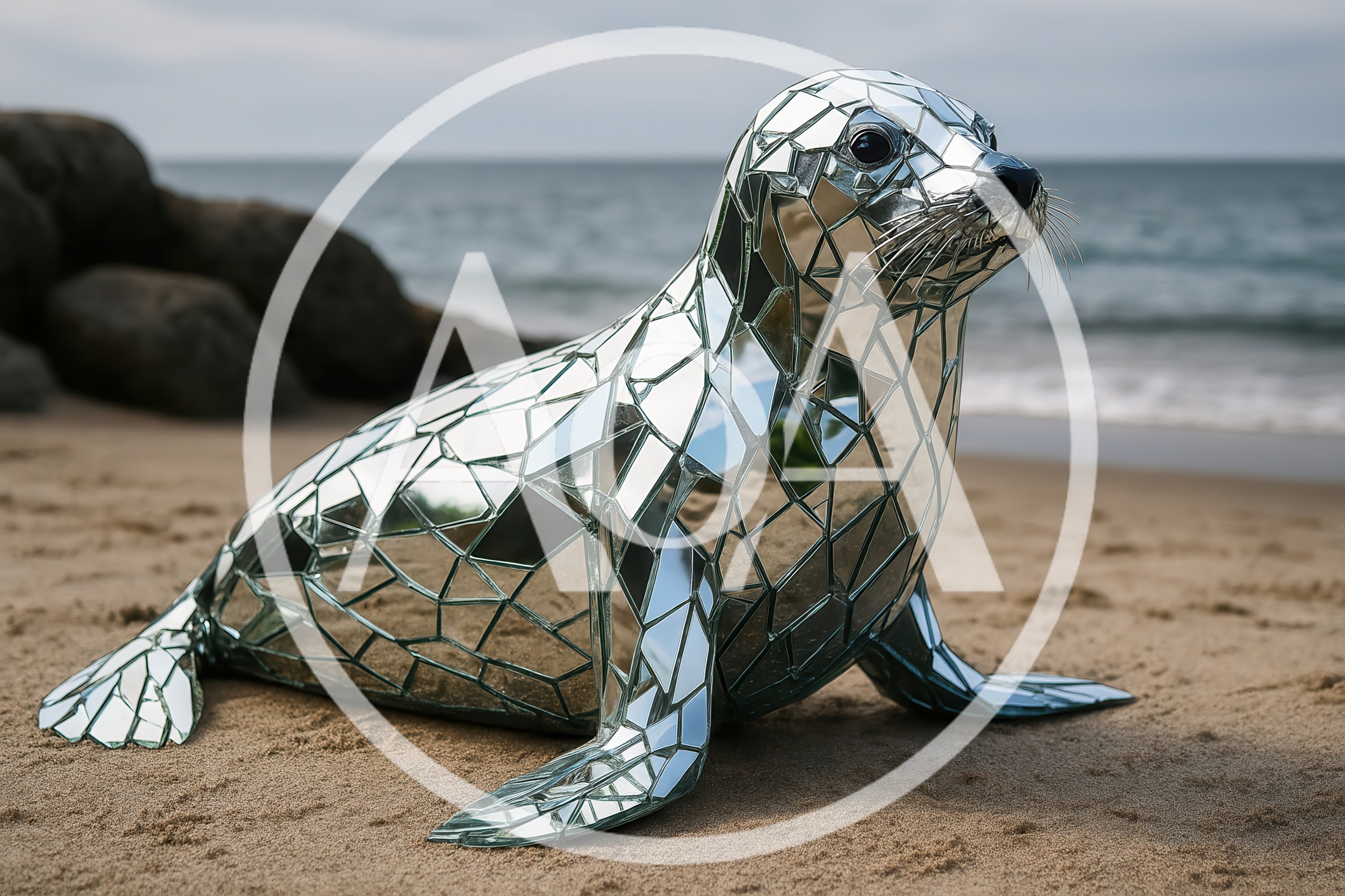 Mirrored Mosaic Seal Sculpture On Sandy Beach