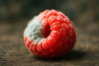 Single Raspberry With Mold Growth On Wooden Surface