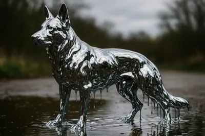 Liquid Chrome German Shepherd Statue Standing Outdoors
