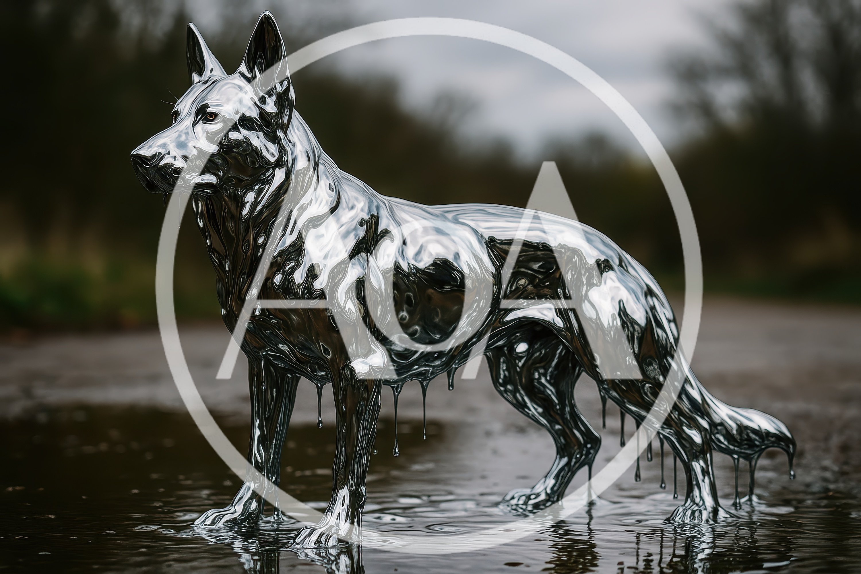 Liquid Chrome German Shepherd Statue Standing Outdoors