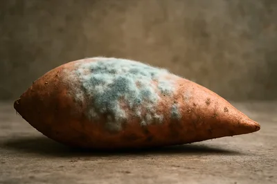Single Moldy Sweet Potato On A Textured Surface