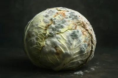 Rotten Cabbage Head With Mold On Dark Background