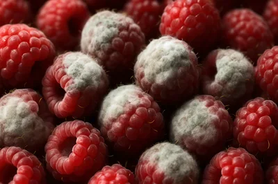 Close Up Of Fresh Raspberries With Mold Growth