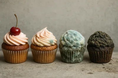 Four Cupcakes Showing Stages Of Decay And Mold