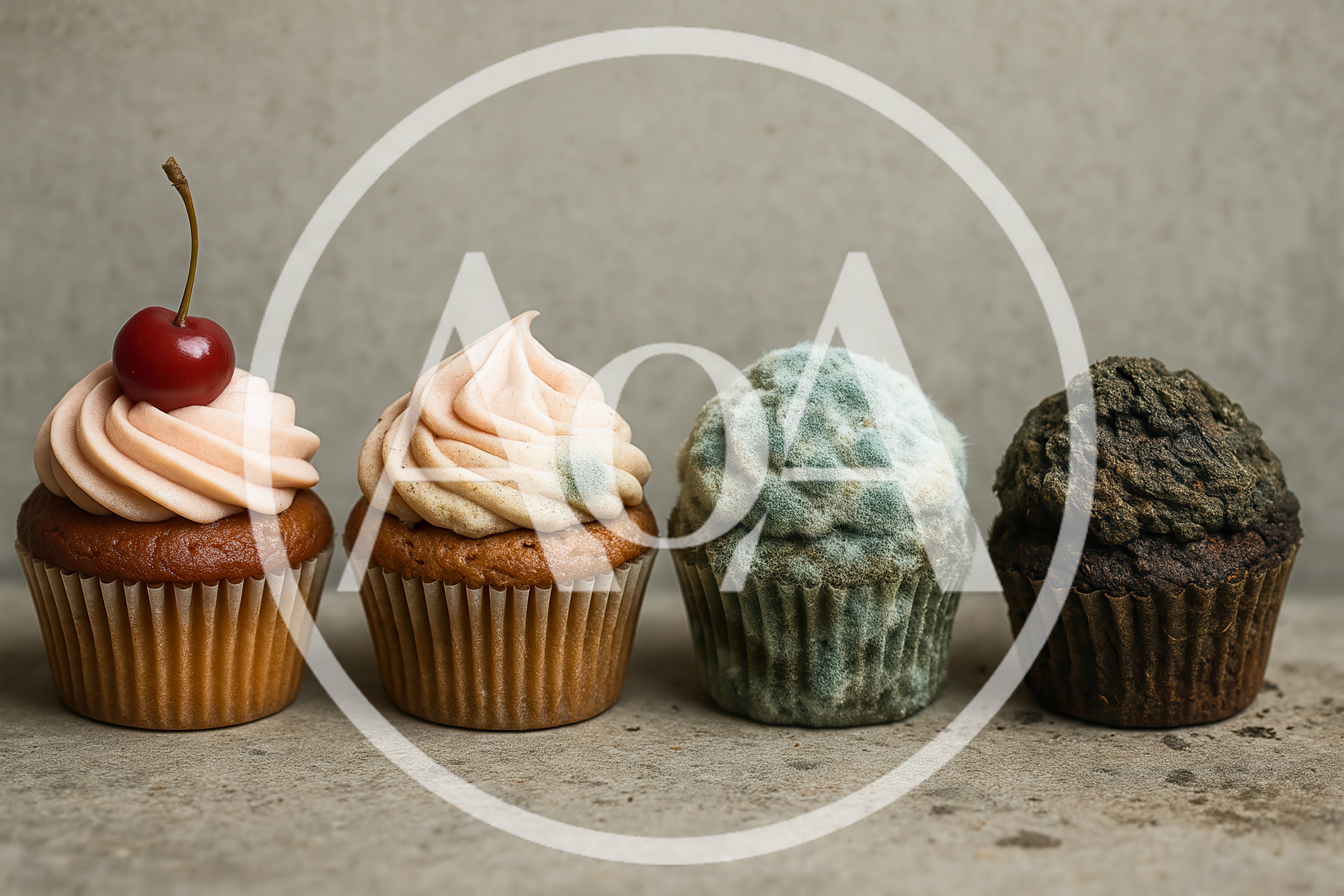 Four Cupcakes Showing Stages Of Decay And Mold