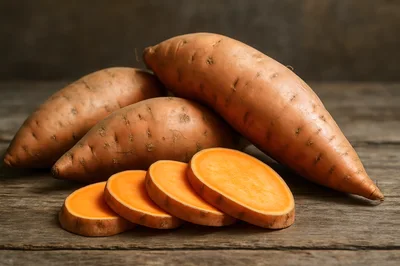 Fresh Sweet Potatoes On A Rustic Wooden Table