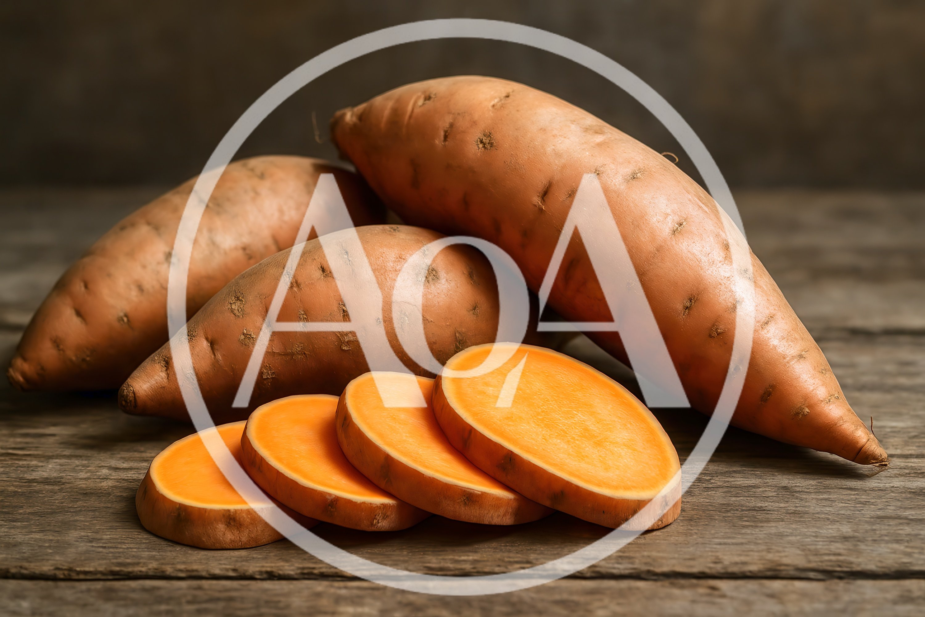 Fresh Sweet Potatoes On A Rustic Wooden Table