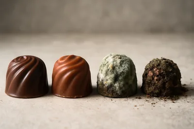 Four Chocolate Truffles Showing Stages Of Decay