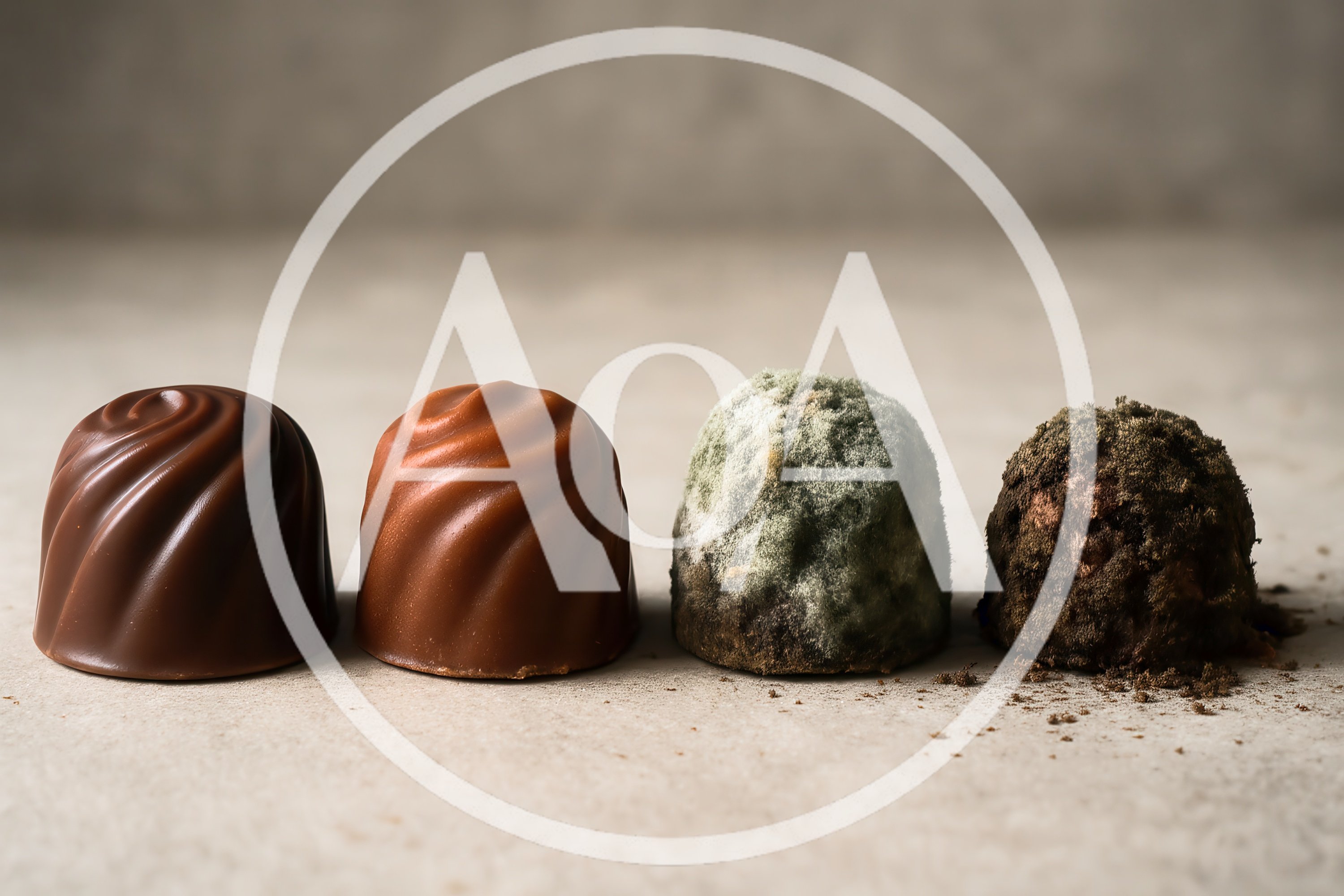 Four Chocolate Truffles Showing Stages Of Decay