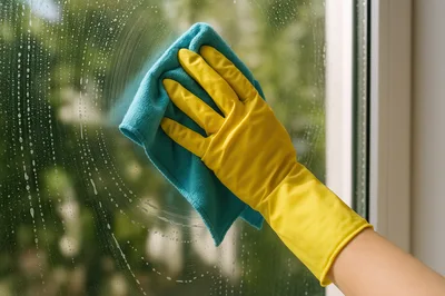 Hand In Yellow Glove Cleaning Window With Blue Cloth