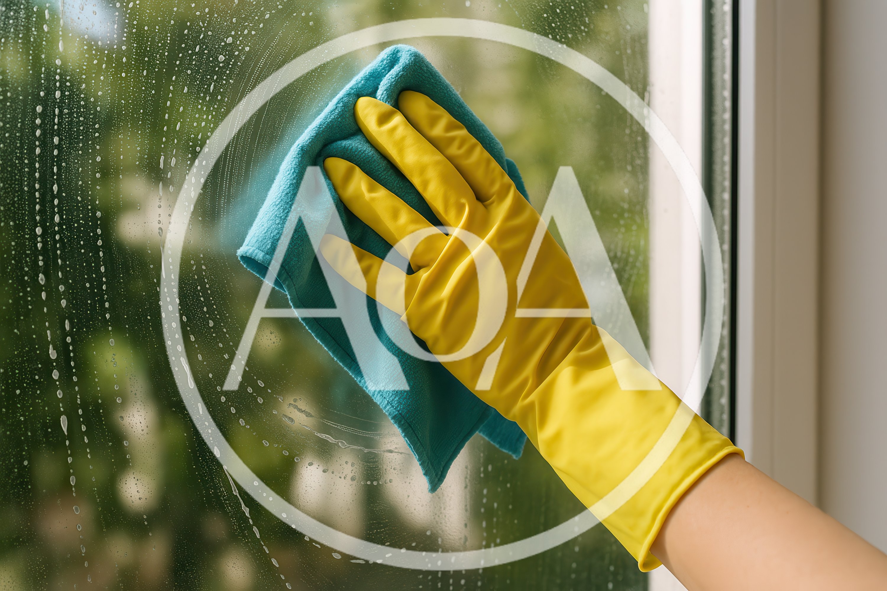 Hand In Yellow Glove Cleaning Window With Blue Cloth