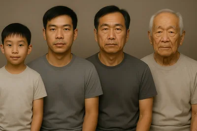 Four Generations Of Asian Men In Studio Portrait