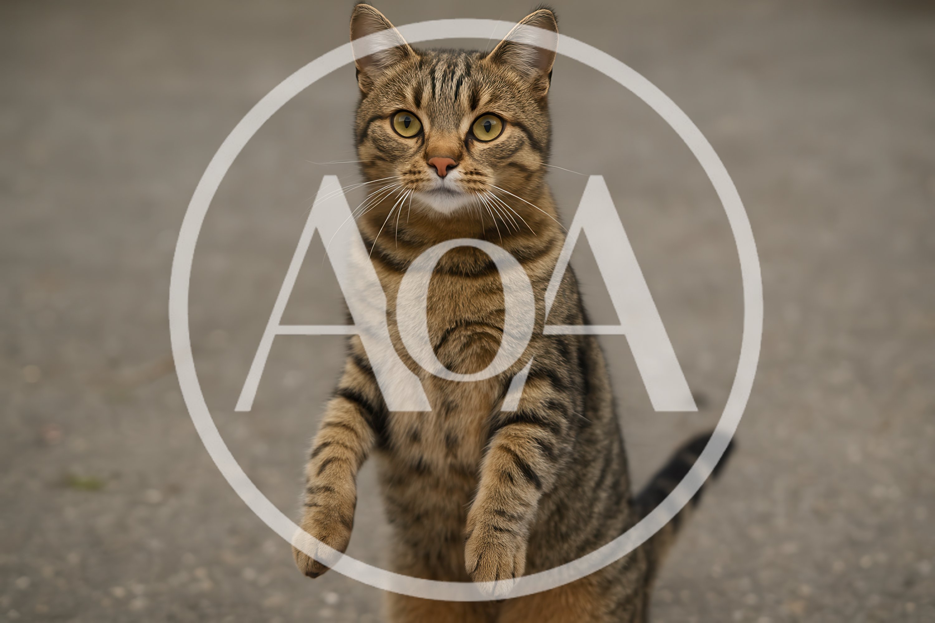 Tabby Cat Standing Upright on Pavement