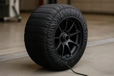 Racing Tire With Electric Heating Blanket In Garage