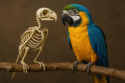 Blue and Gold Macaw Beside Its Own Skeleton