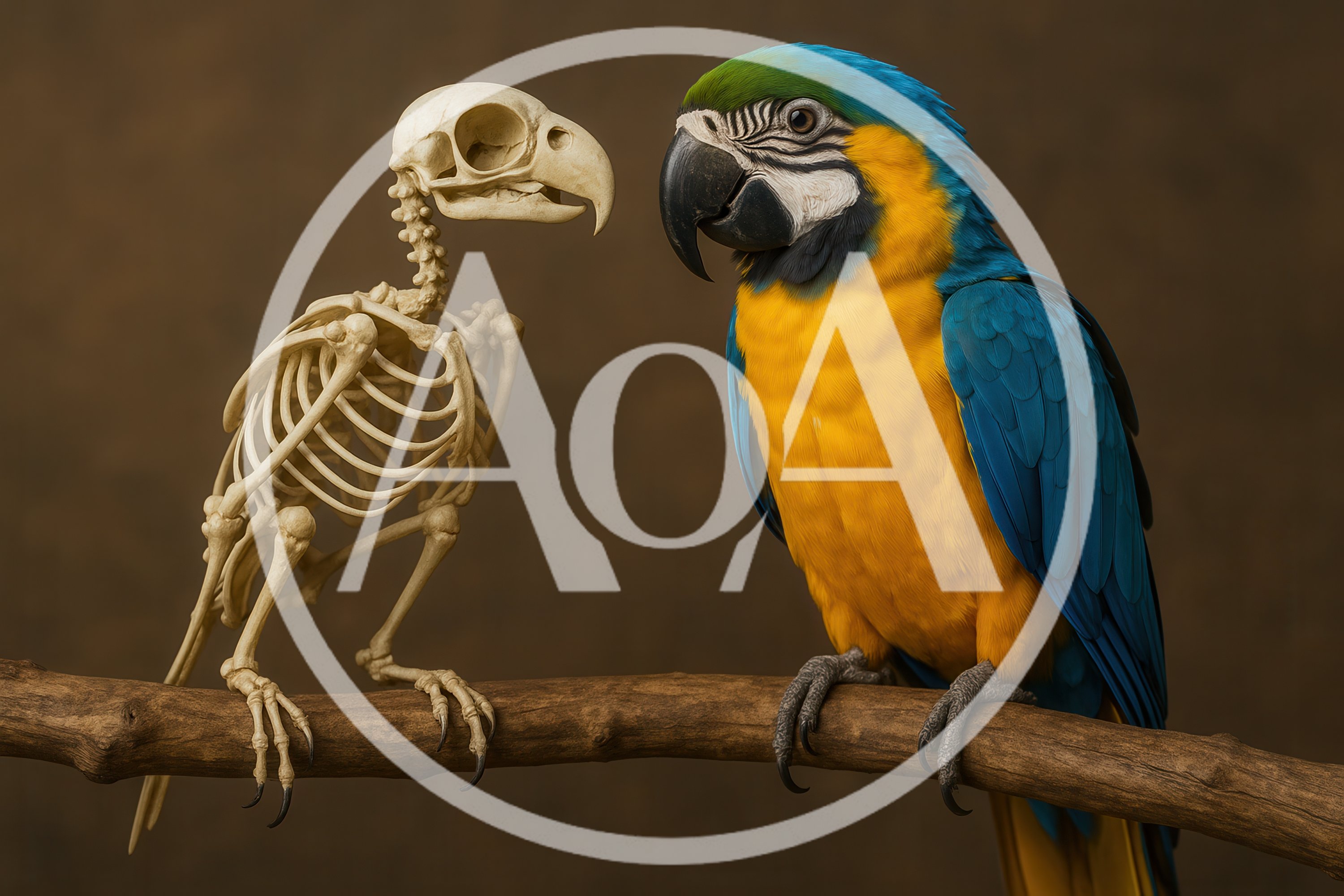 Blue and Gold Macaw Beside Its Own Skeleton