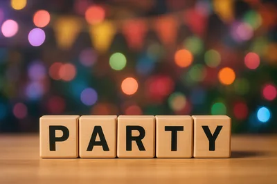 Wooden Blocks Spelling Party Against Colorful Bokeh Background