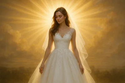 Radiant Bride Standing In Golden Heavenly Light