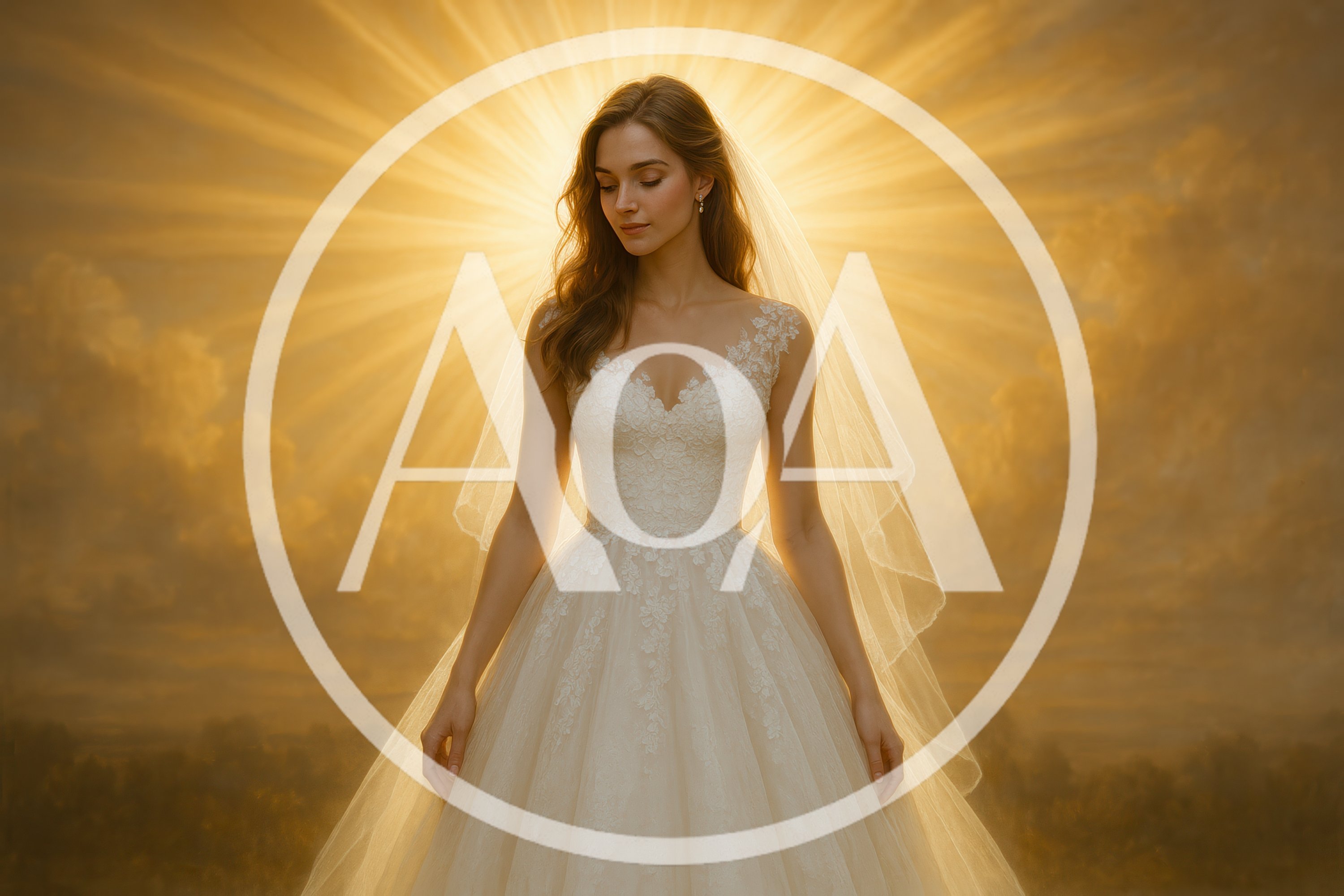 Radiant Bride Standing In Golden Heavenly Light