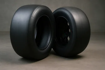Two Racing Slick Tires On A Concrete Floor