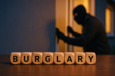 Burglary Concept With Wooden Blocks And Masked Intruder