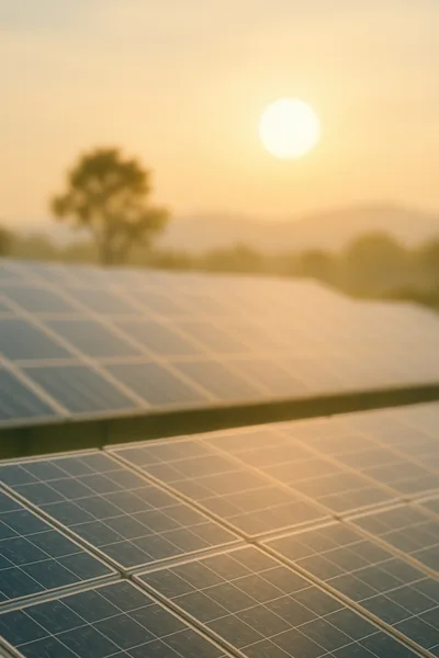 Solar Panels At Sunset In A Rural Landscape