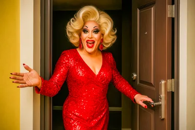 Drag Queen In Red Sequin Dress Opening A Door