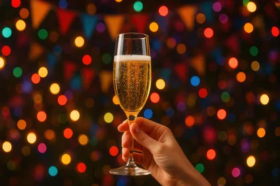 Hand Holding Champagne Flute Against Festive Bokeh Lights