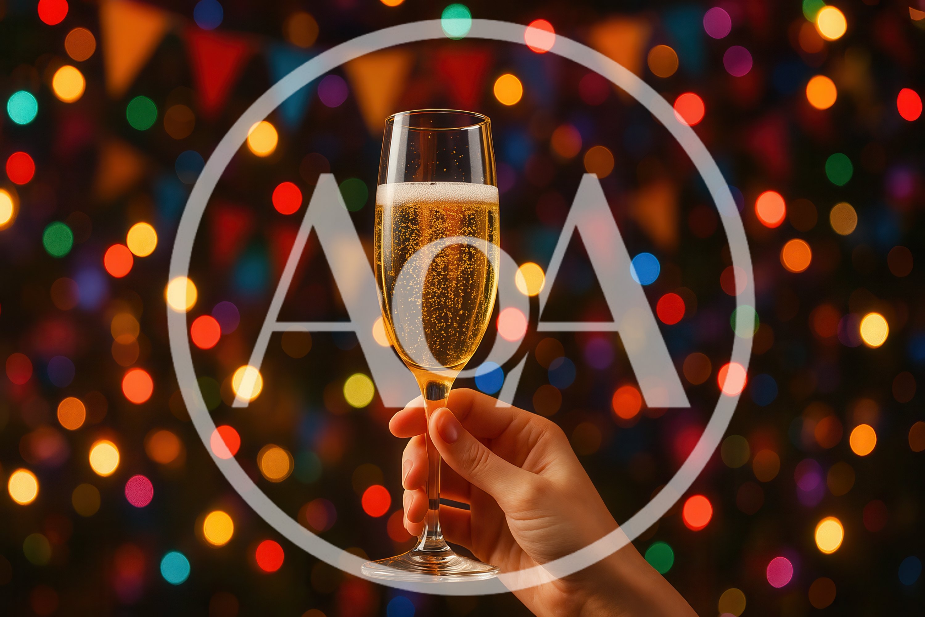 Hand Holding Champagne Flute Against Festive Bokeh Lights