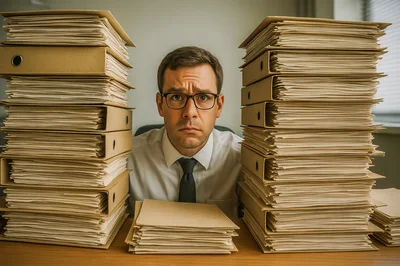 Stressed Office Worker Surrounded By Massive Stacks Of Paperwork