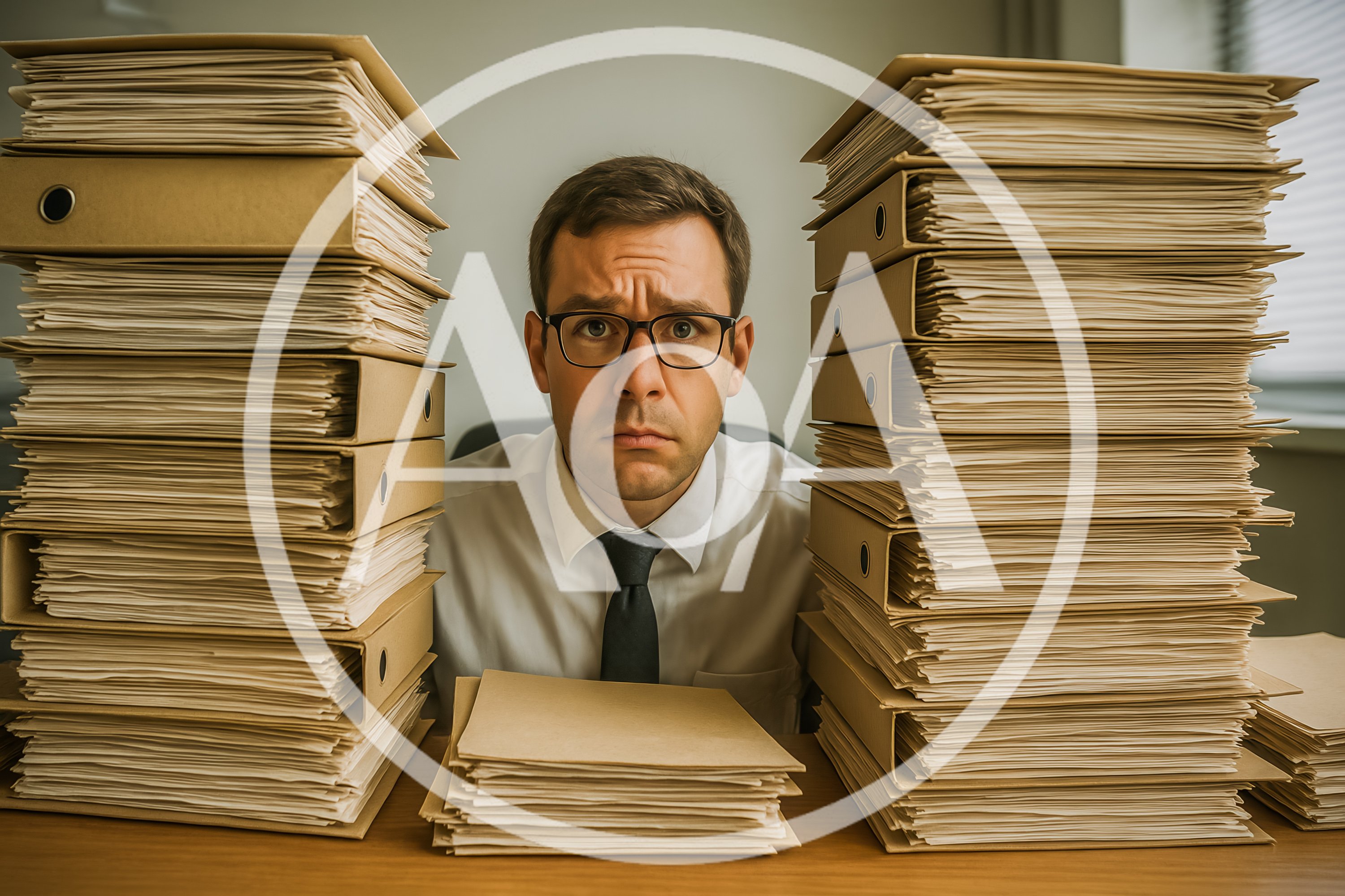 Stressed Office Worker Surrounded By Massive Stacks Of Paperwork