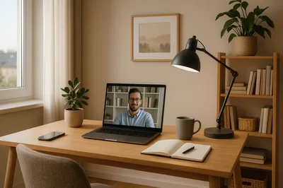 Home Office Desk With Laptop Video Conference