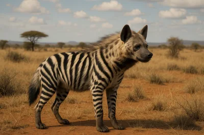 Striped Hyena Standing In The African Savanna