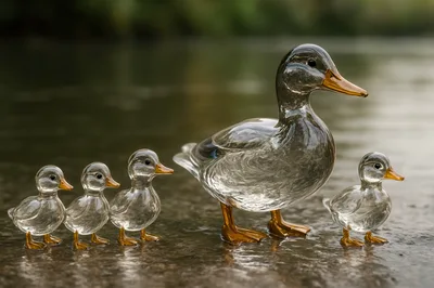 Glass Duck Family Figurines on Water Surface