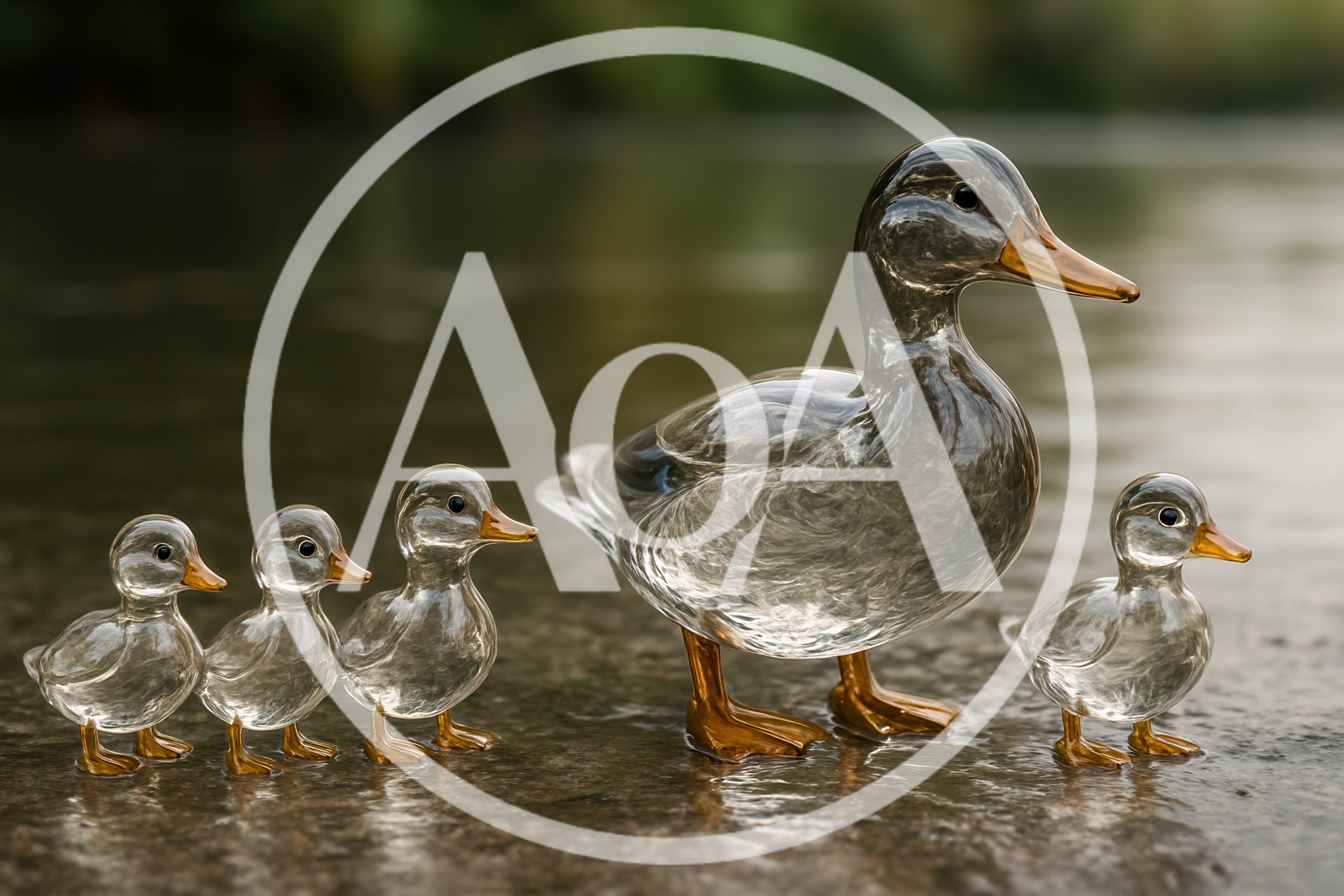 Glass Duck Family Figurines on Water Surface