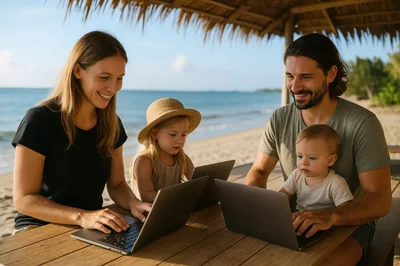 Family Working Together on Laptops at Beachside Table