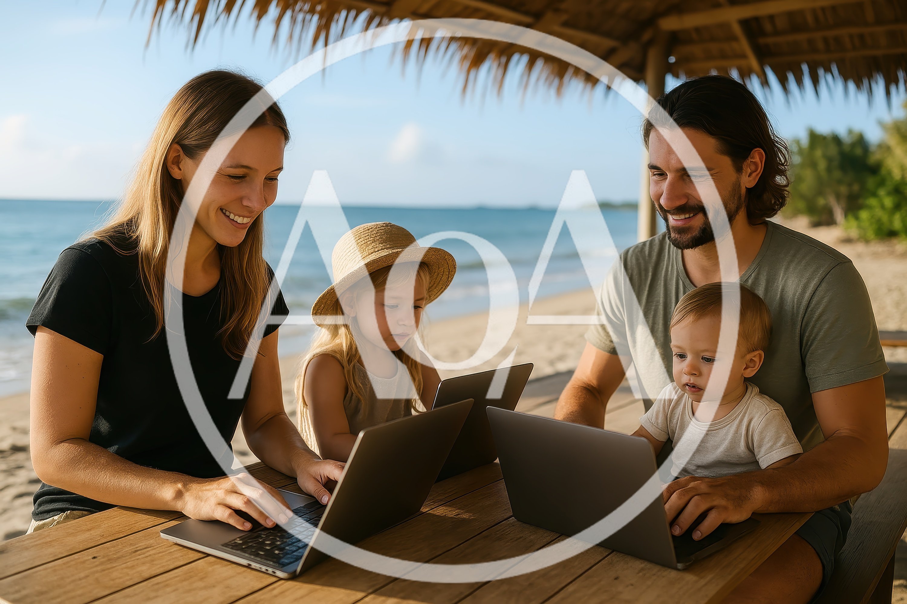 Family Working Together on Laptops at Beachside Table