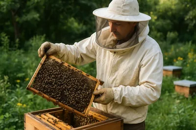 Beekeeper Inspecting Honeycomb Frame In Apiary