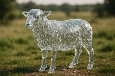 Transparent Glass Sheep Sculpture Standing In A Field