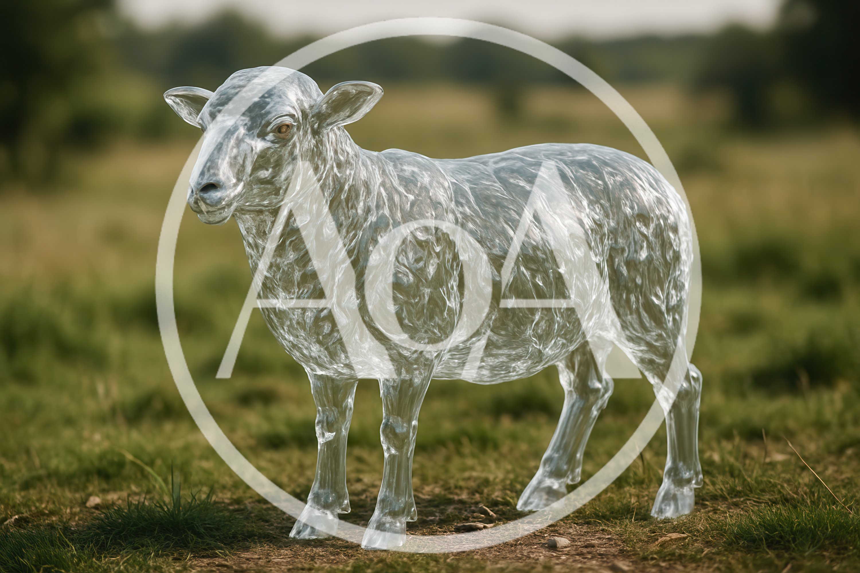 Transparent Glass Sheep Sculpture Standing In A Field