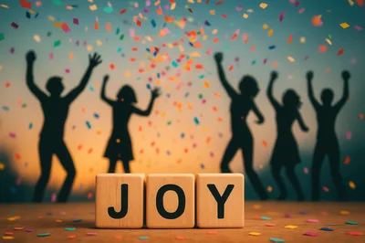 Wooden Blocks Spelling Joy With Silhouetted People Celebrating