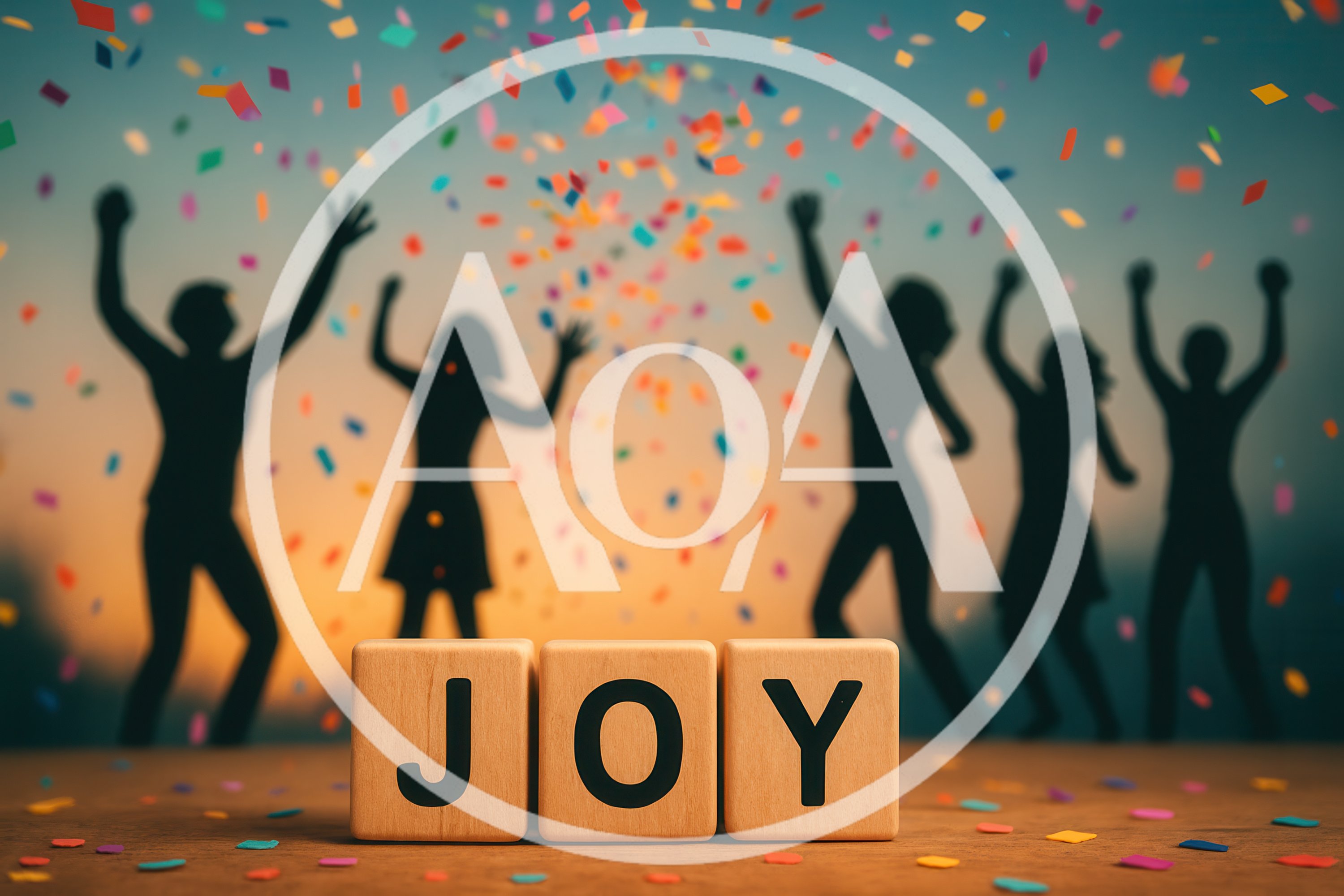 Wooden Blocks Spelling Joy With Silhouetted People Celebrating