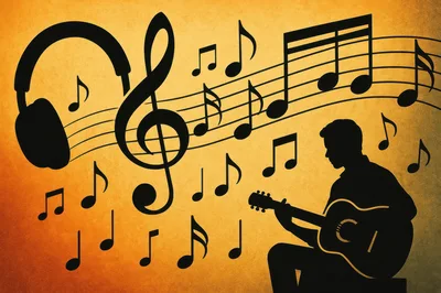 Silhouette Of A Guitarist With Musical Notes And Headphones
