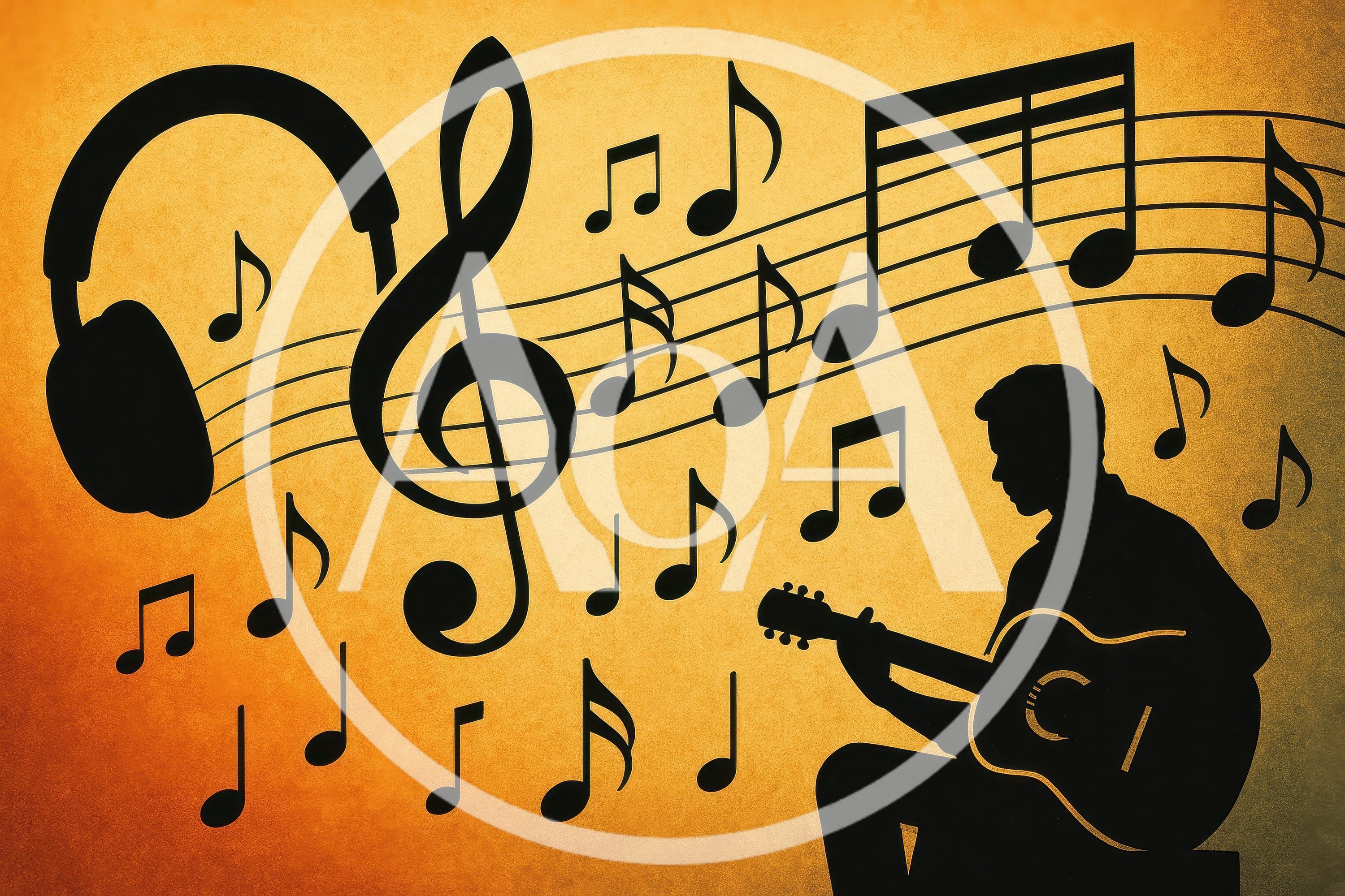Silhouette Of A Guitarist With Musical Notes And Headphones