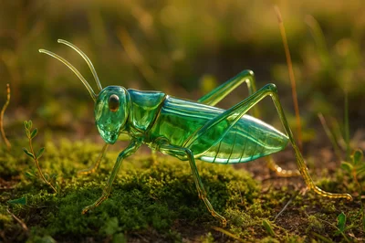 Glass Grasshopper Sculpture Resting On Mossy Ground