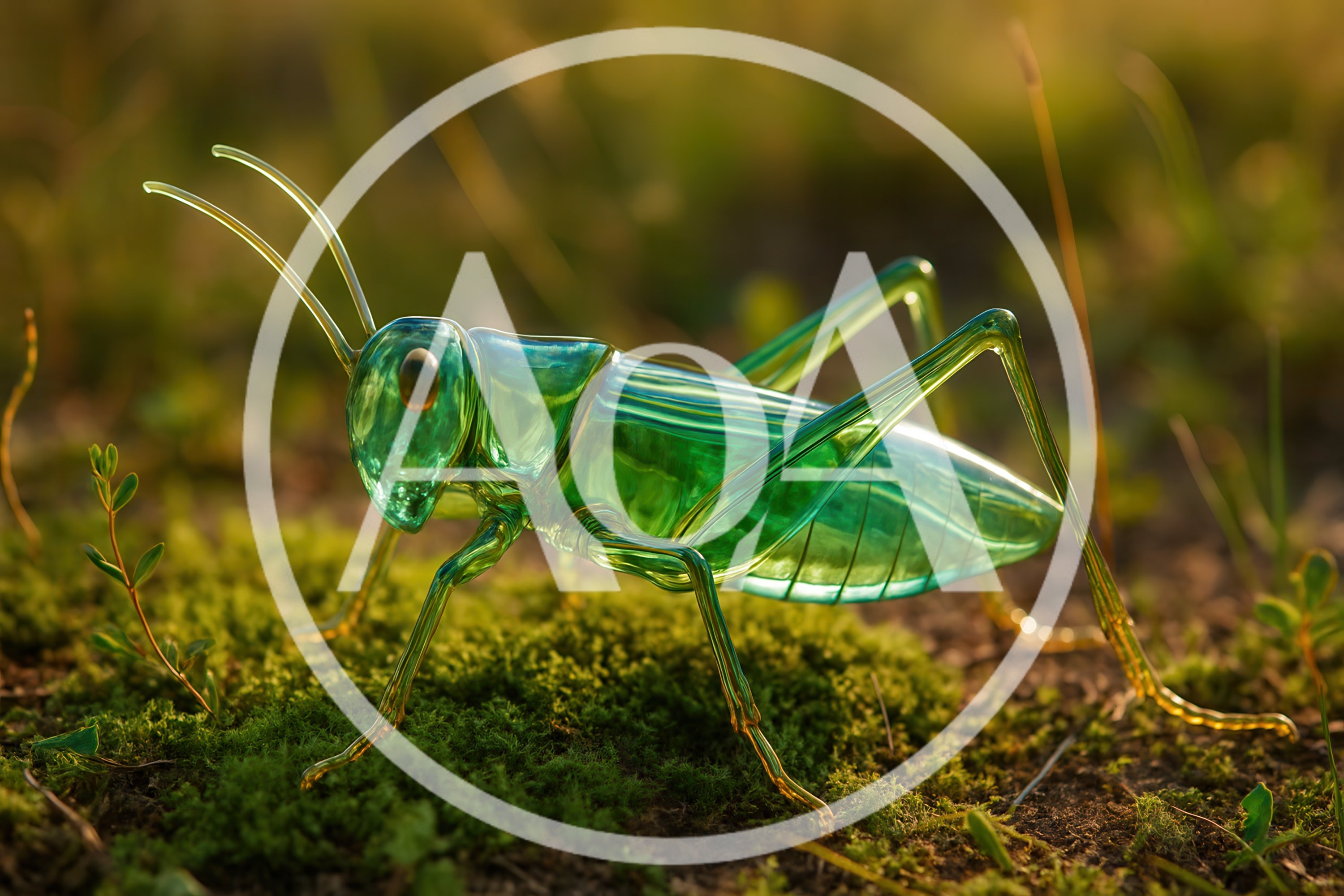 Glass Grasshopper Sculpture Resting On Mossy Ground