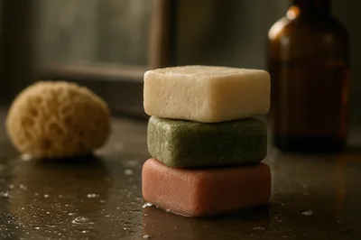 Stack of Three Natural Soap Bars on Wet Surface